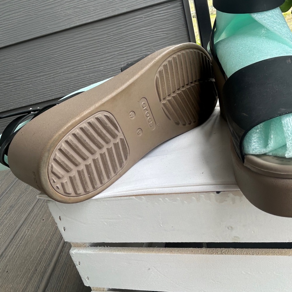 CROCS Black and Tan Wedge Sandals - Picture 6 of 6